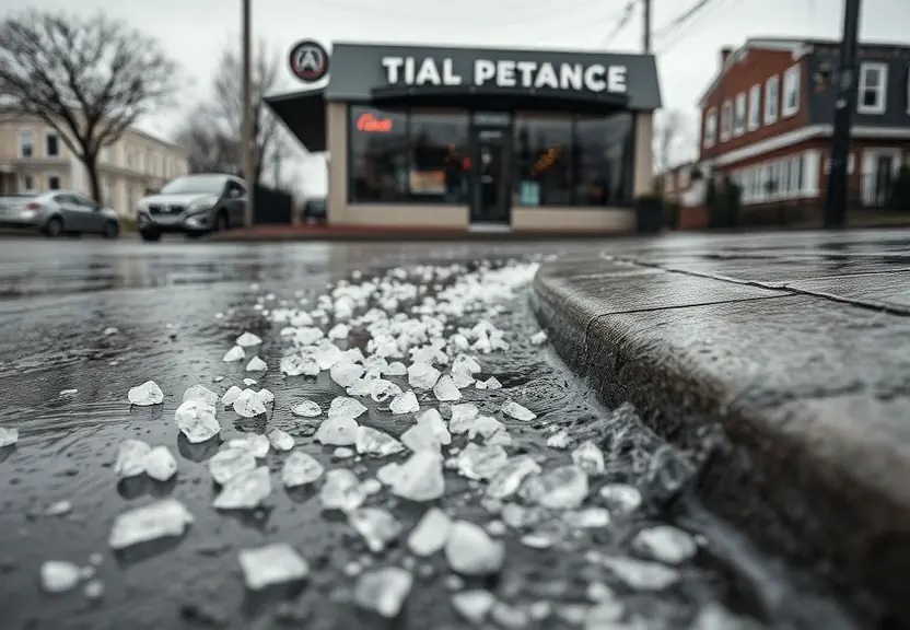 Pedras de granizo na rua molhada depois do temporal