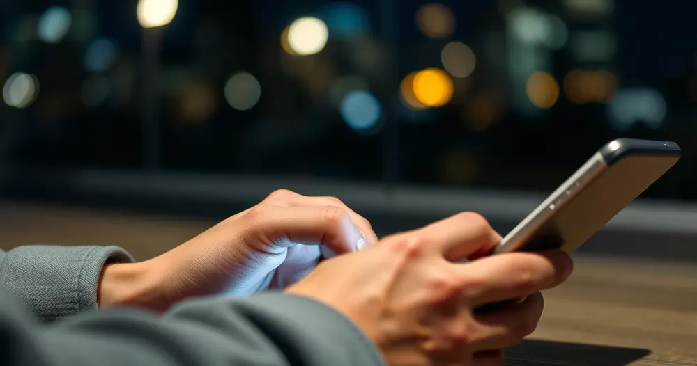 pessoa digitando mensagem de suporte no celular à noite