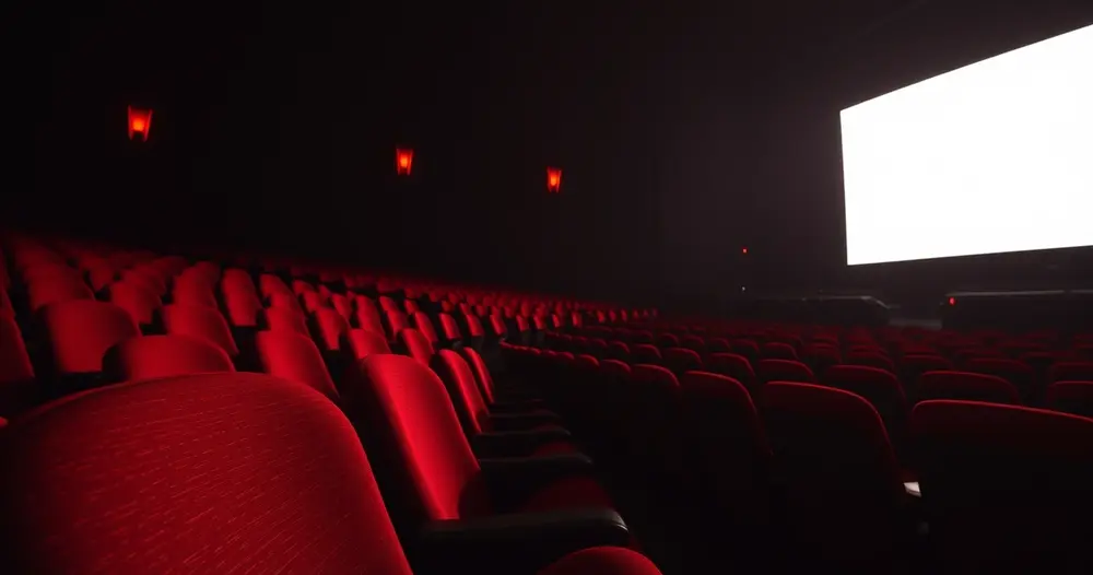 Fileira de poltronas vermelhas vazias de cinema vista de lado, com o brilho da tela iluminando