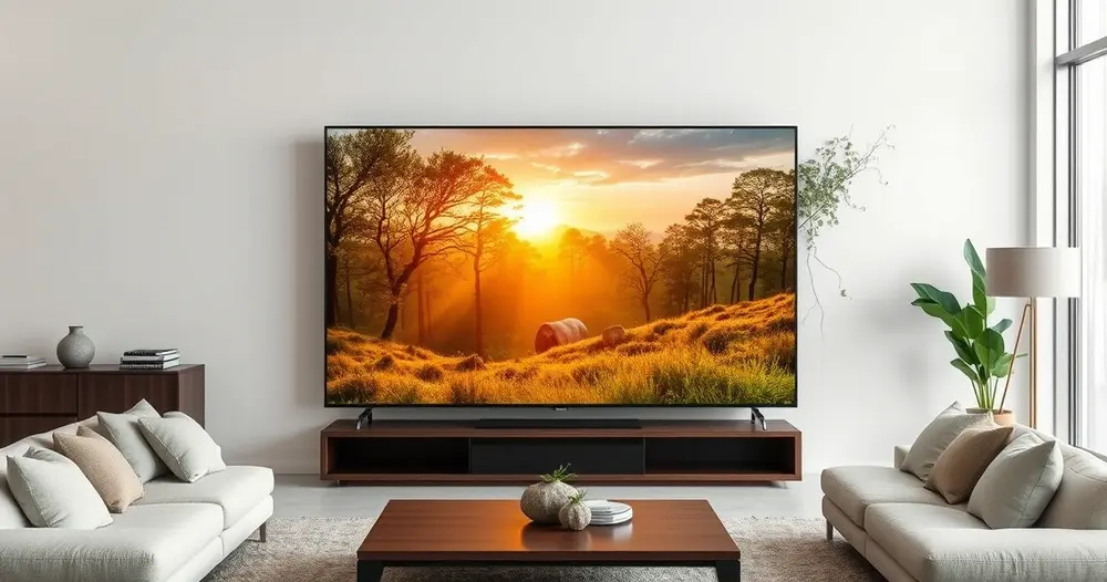 televisão grande exibindo paisagem detalhada em alta resolução