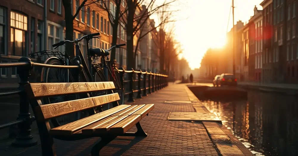 Banco de madeira vazio à beira de um canal de Amsterdã ao entardecer, com bicicletas apoiadas na grade
