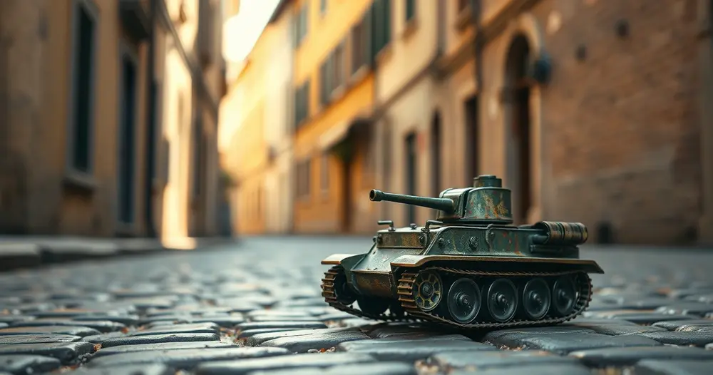 Pequeno tanque de brinquedo de lata sobre paralelepípedos em rua estreita italiana ao sol da tarde