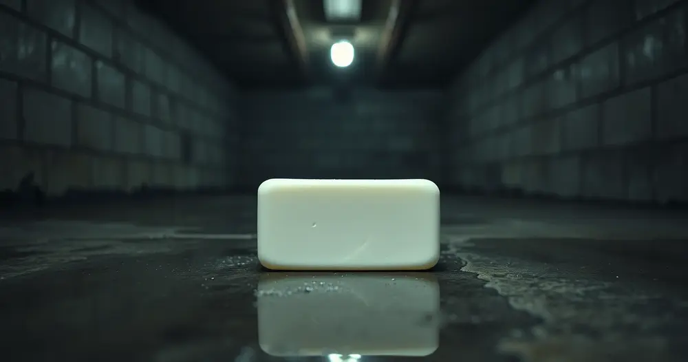 Barra de sabão branco sobre superfície de concreto molhado em porão mal iluminado