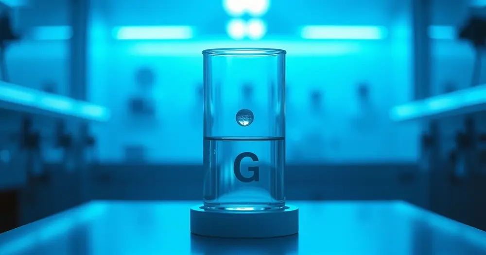 Lâmina de laboratório com uma gota de líquido sob luz azul fria, com superfícies brancas ao fundo