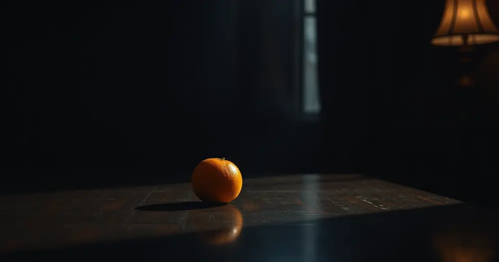 Laranja apoiada sobre mesa de madeira escura polida em escritório com luz de abajur lateral
